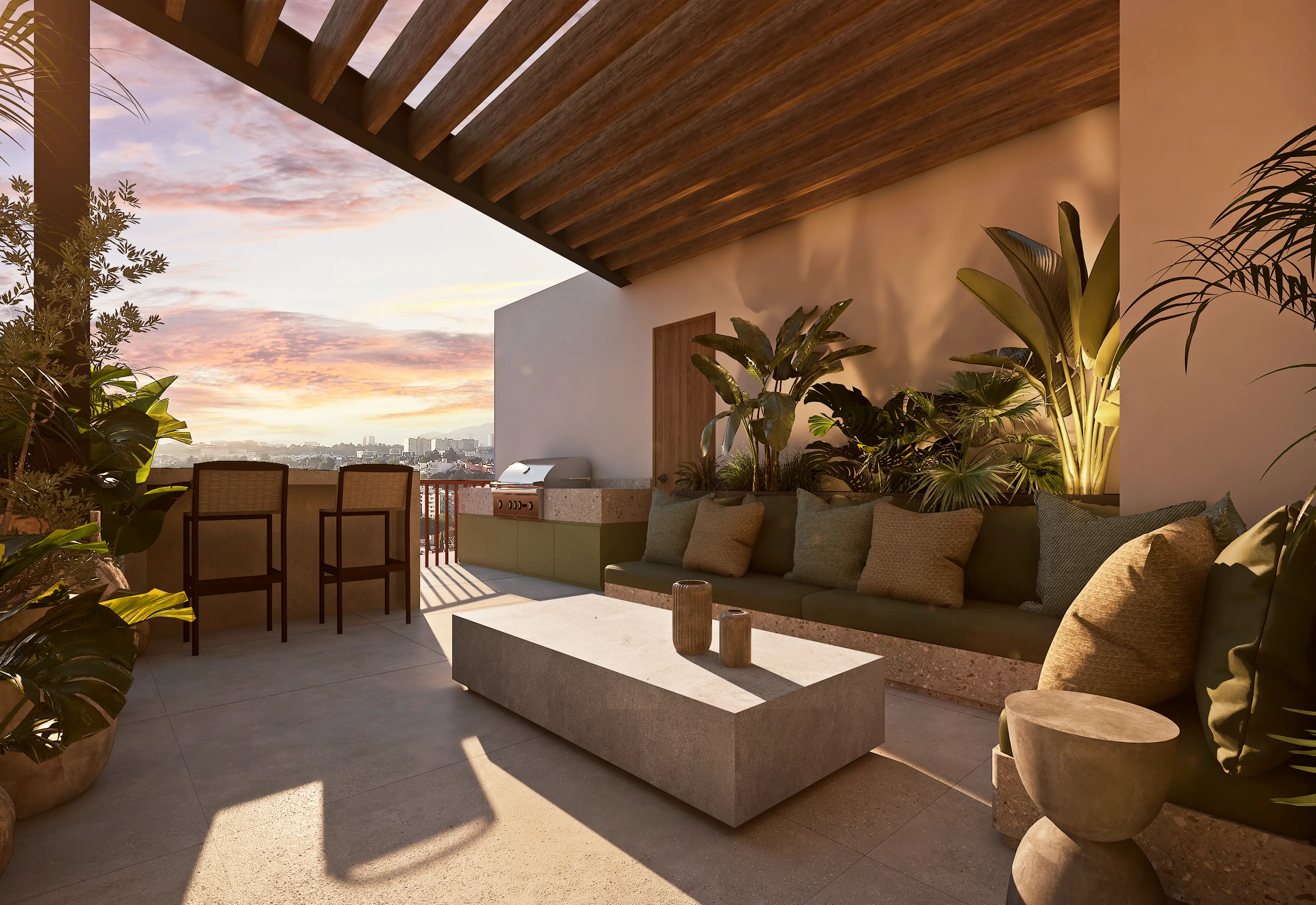 Pareja cocinando en terraza roof top